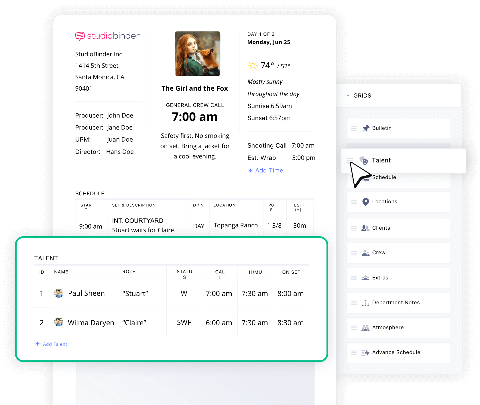 Call Sheet custom layout