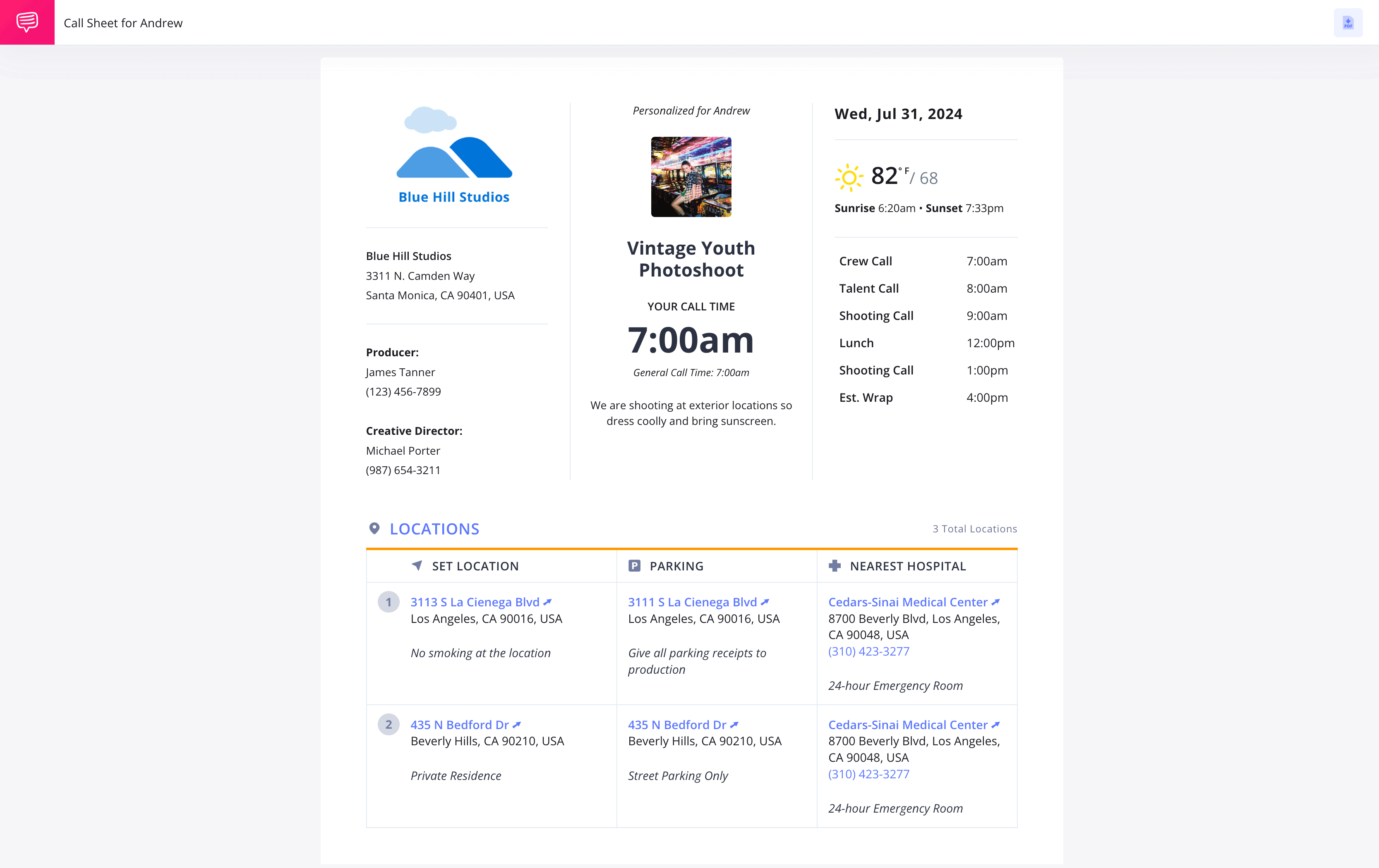 Call Sheet Builder Call Sheet Example Photoshoot StudioBinder Call Sheet Builder Software