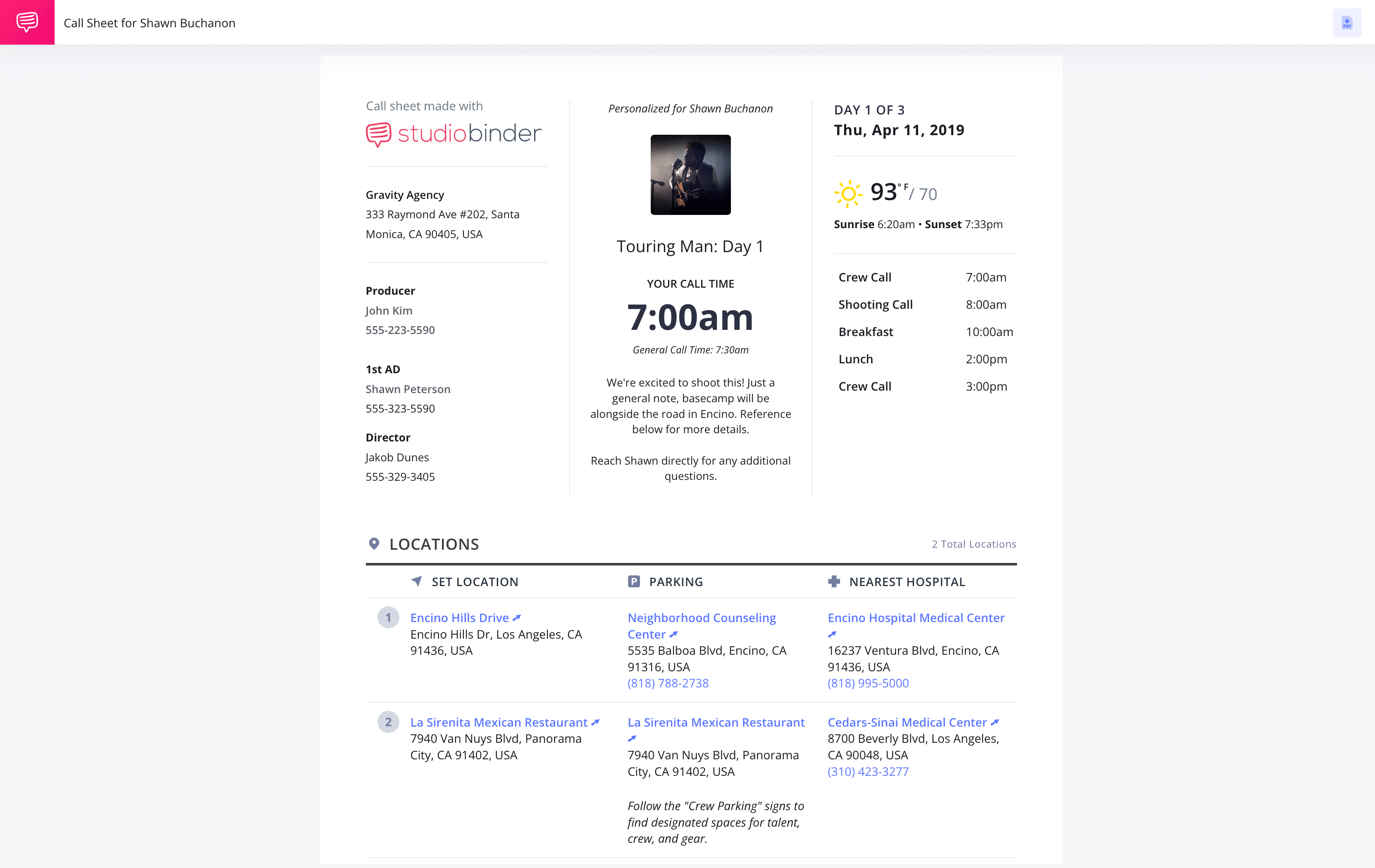 Call Sheet Builder Call Sheet in Production Example StudioBinder Call Sheet Builder Software