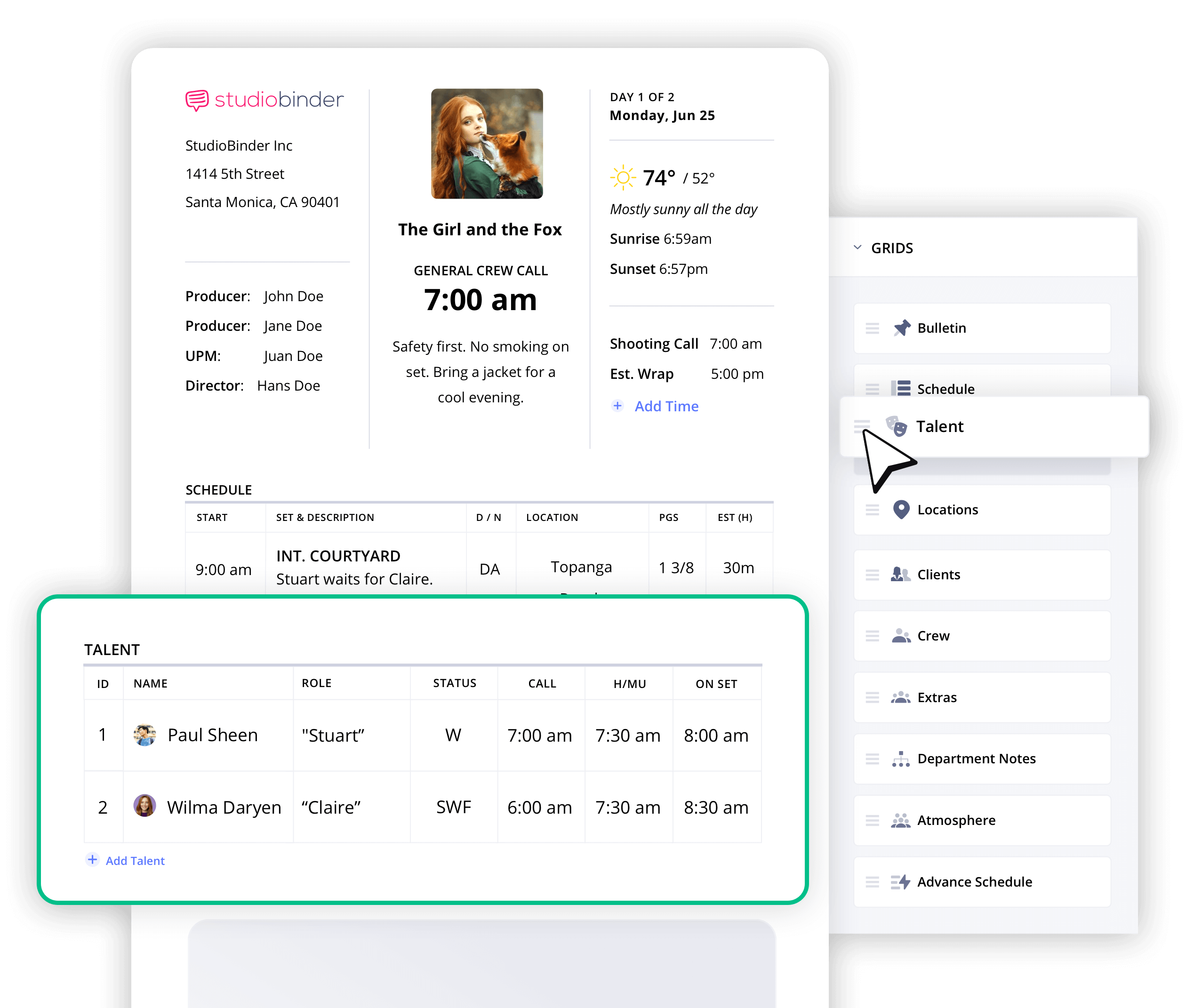 Call Sheet Software Customize call time grids StudioBinder Call Sheet Software