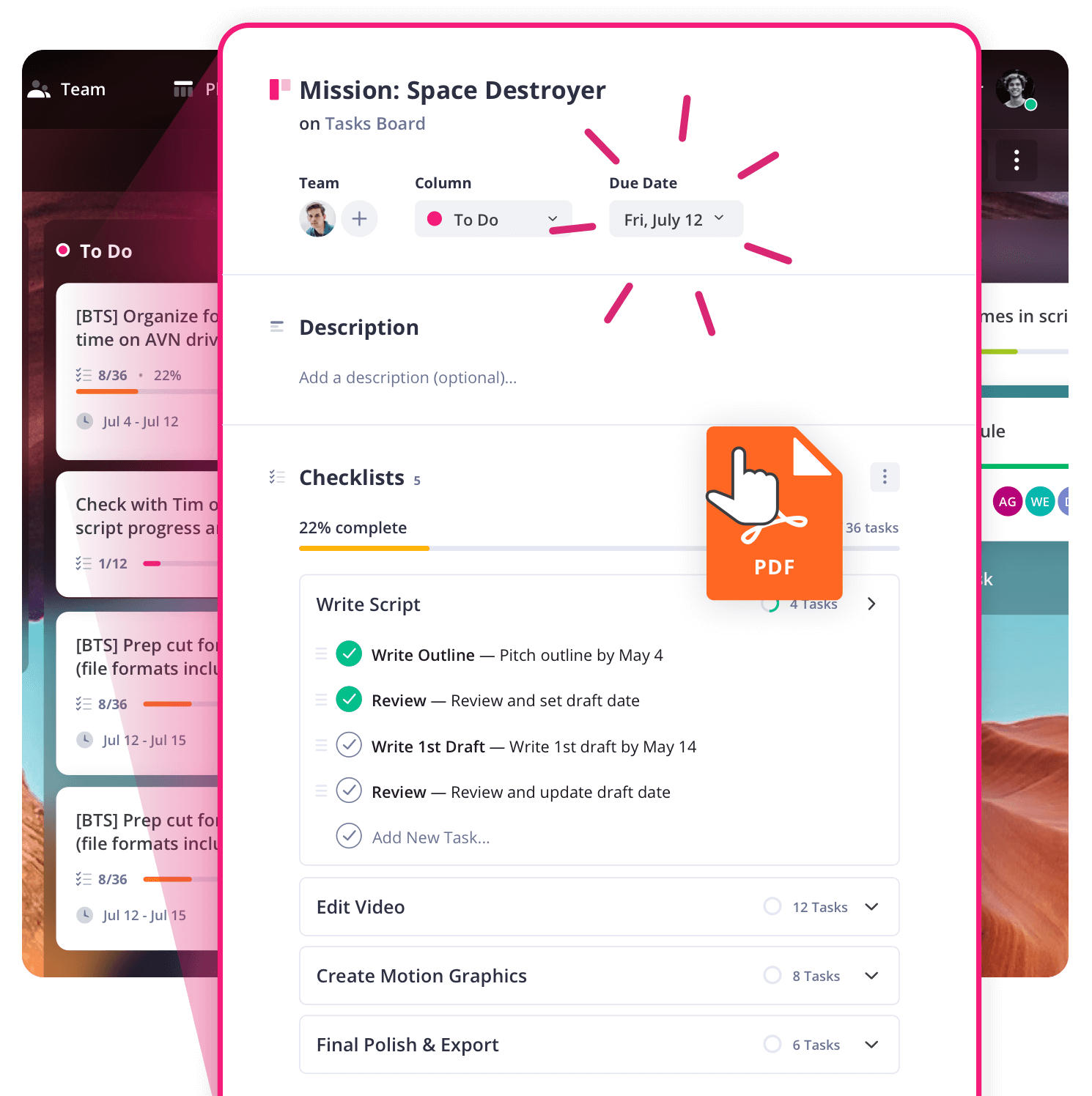 film production project management software task board assignment details