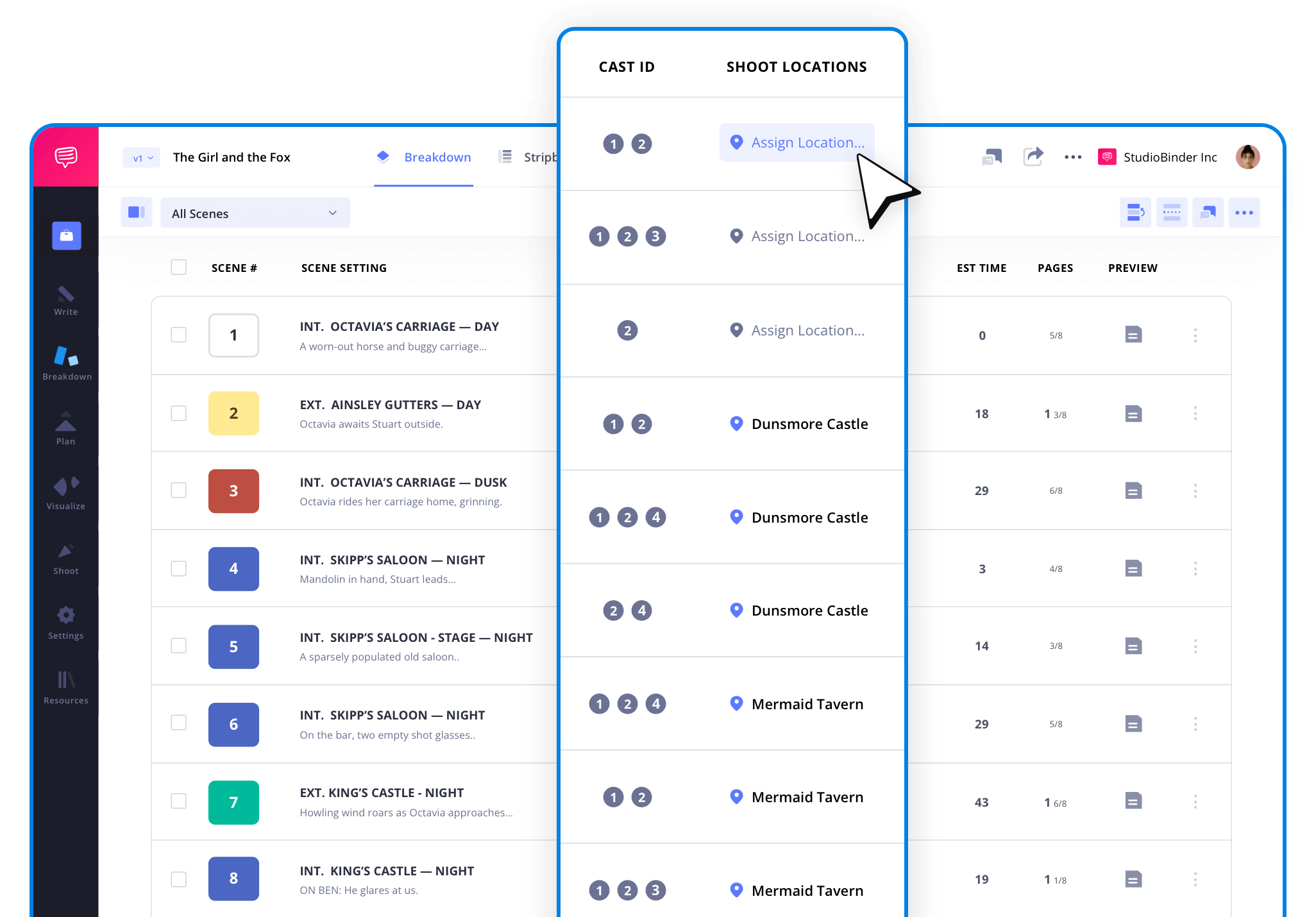 Script Breakdown Software Assign cast members and shoot locations to create a schedule