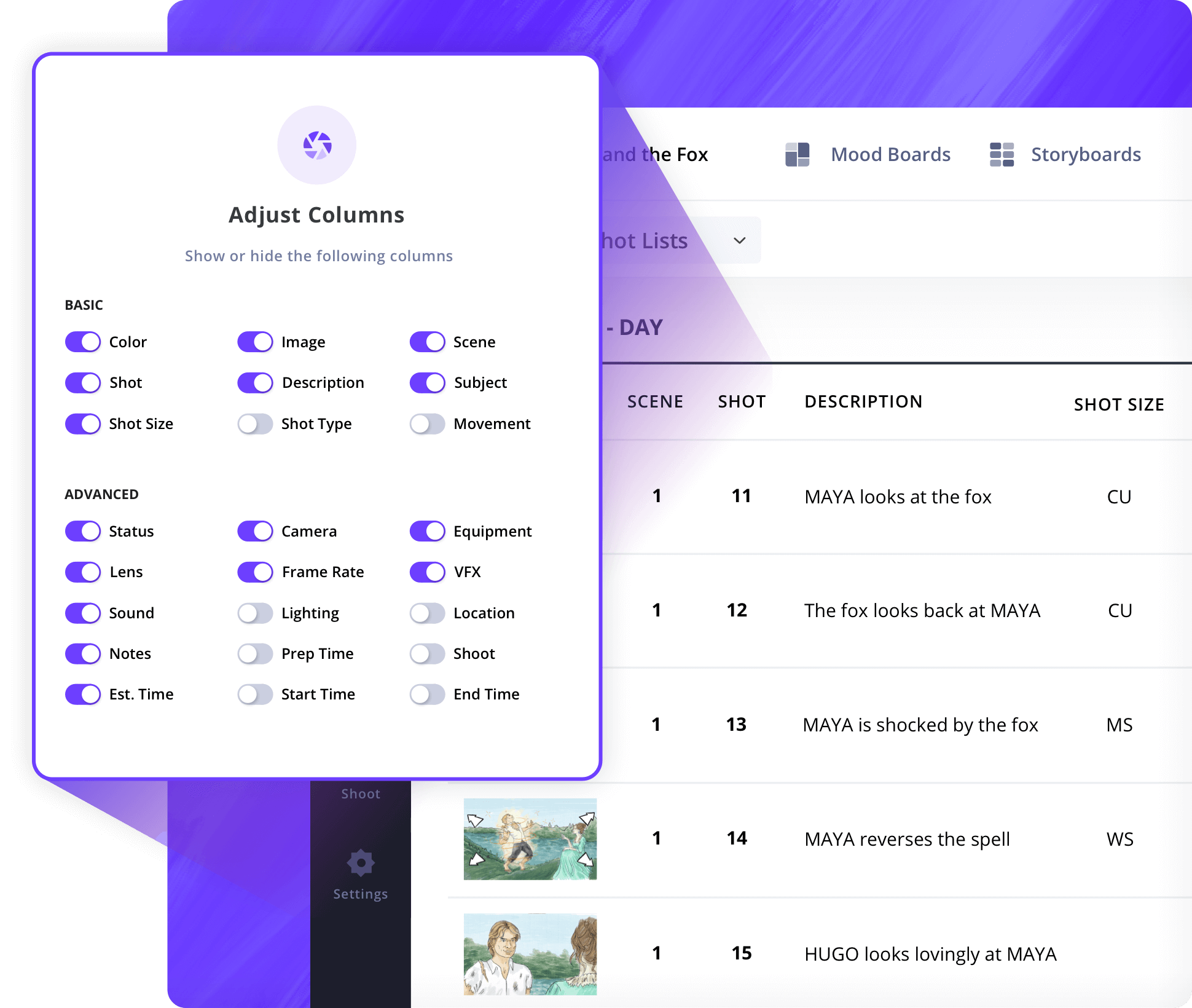 Shot List Maker Customize types of shots and shot list columns