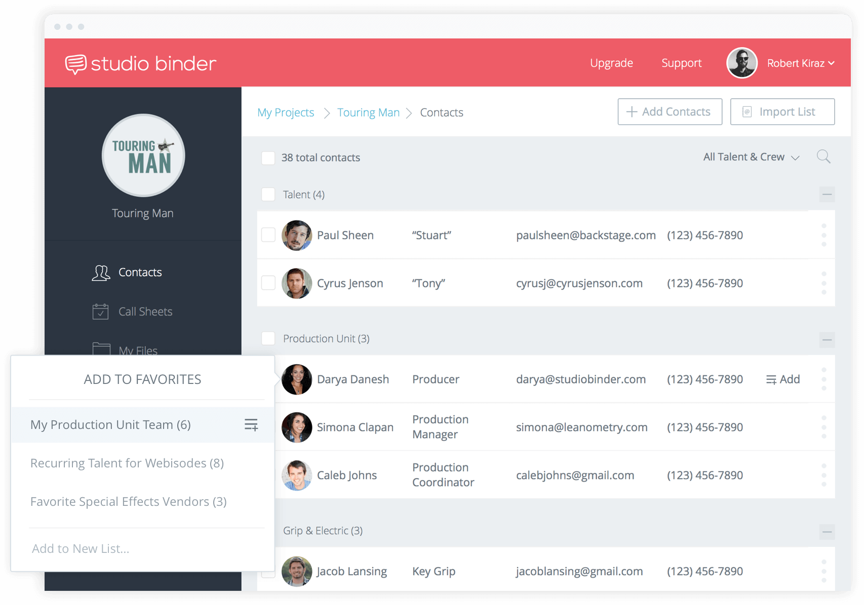 Contact list - Add to Favorites - StudioBinder