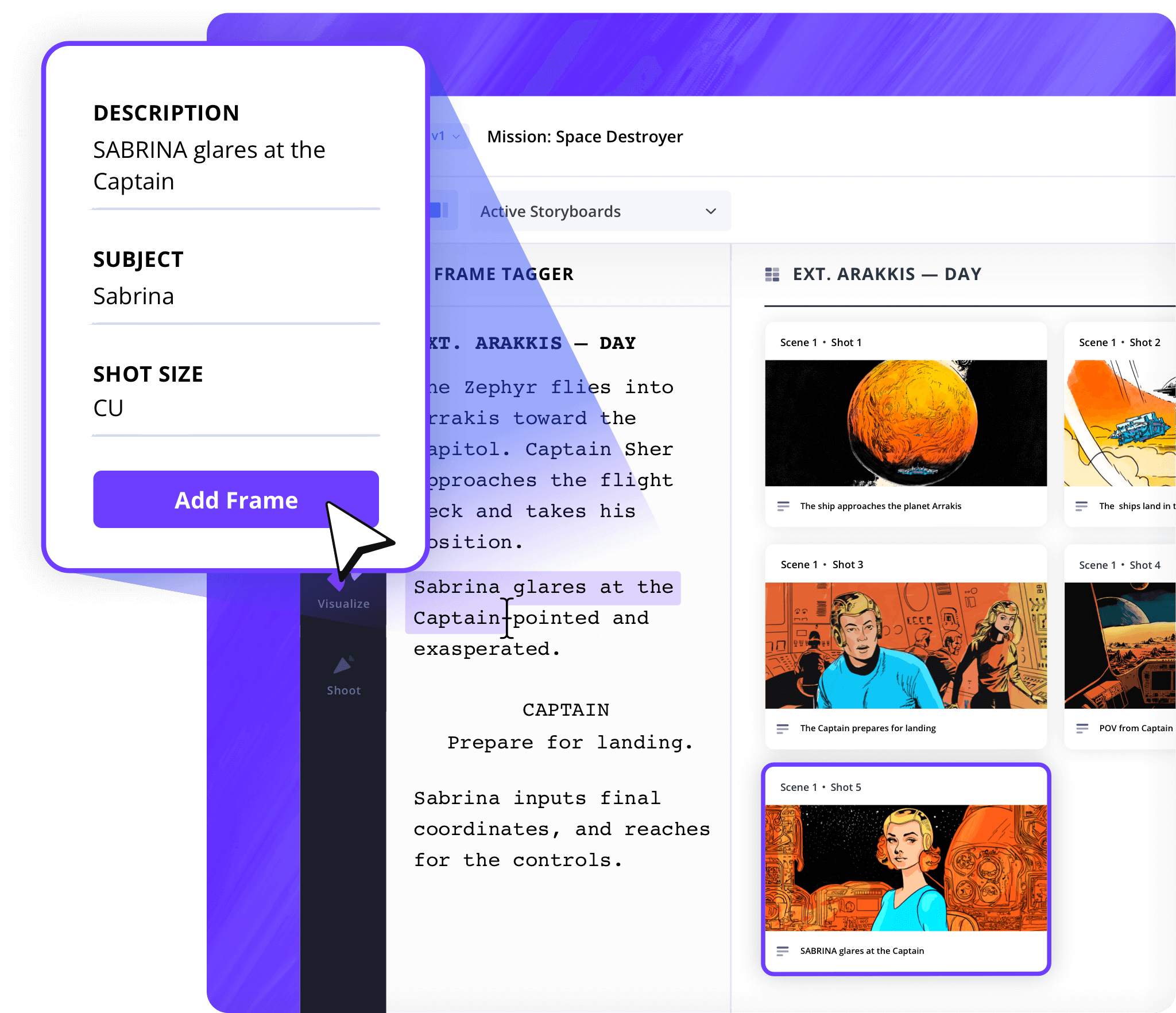 StudioBinder Storyboard Maker Tag shots from a script to make a storyboard online StudioBInder Storyboard Creator